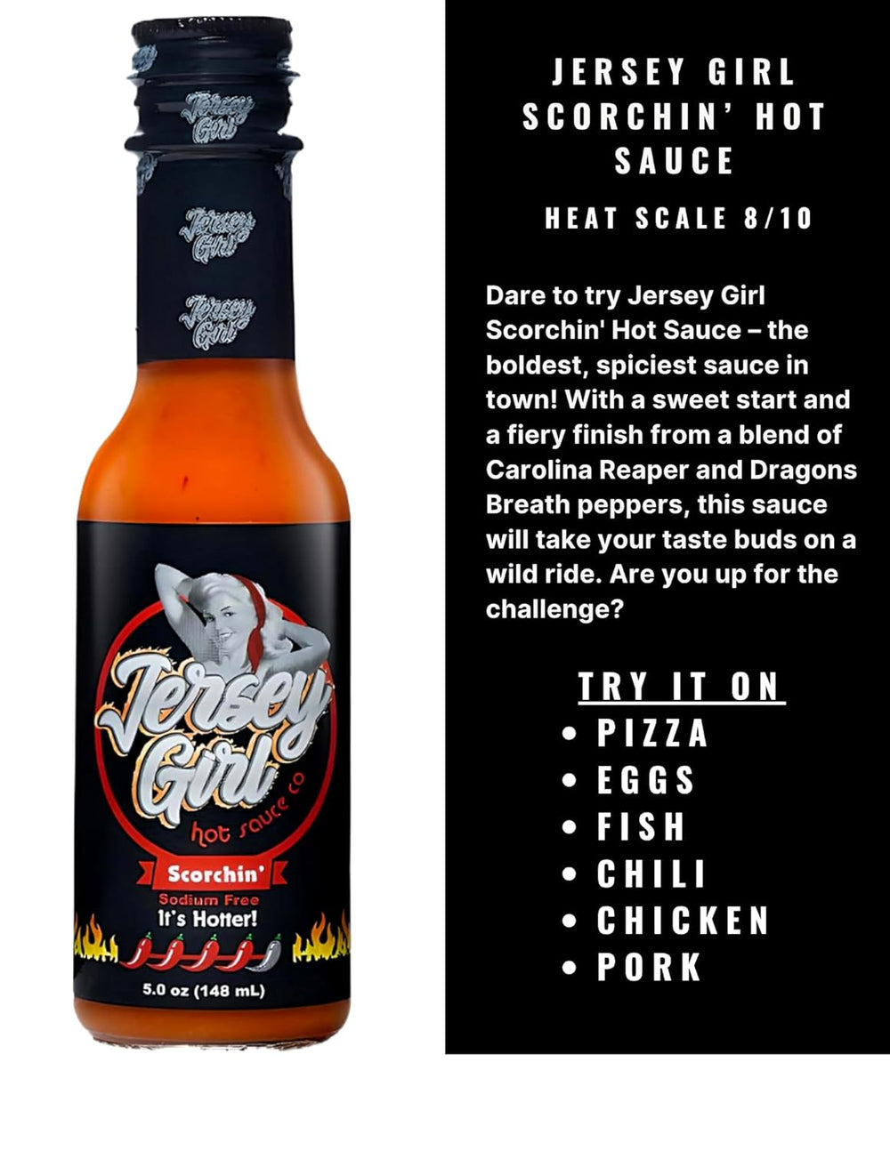 Jersey Girl Scorchin' Hot Sauce (Made with Carolina Reaper & Dragon's Breath Peppers) All Natural, Sodium/Salt Free - 5oz Bottle